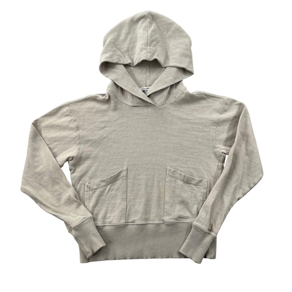 Standard James Perse Cropped Hoodie Women 1 Beige Ribbed Trim Front Pockets